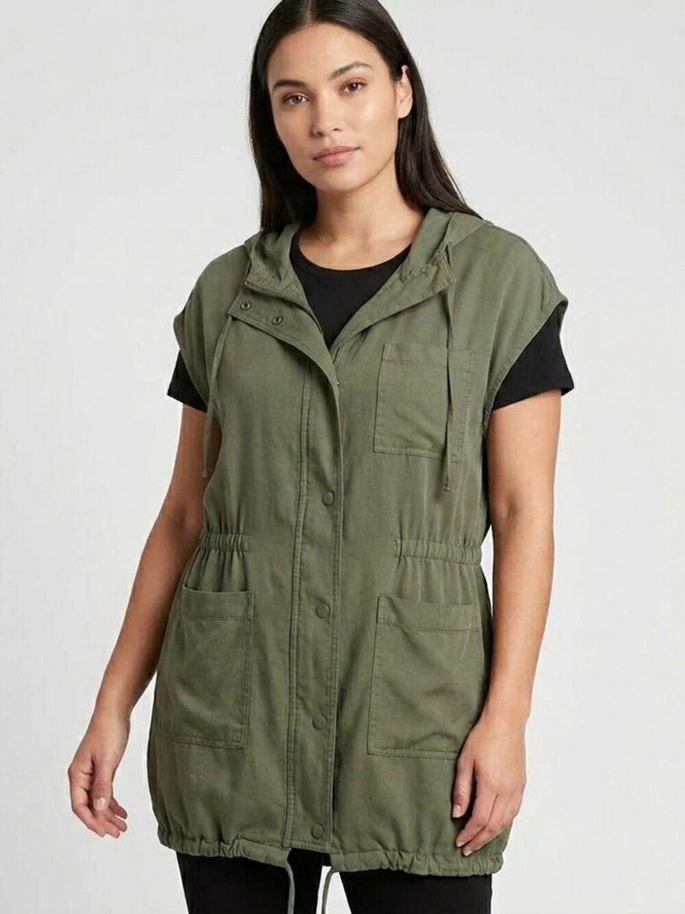 Olive Green Hooded Utility Vest Womens Small Cargo Drawstring